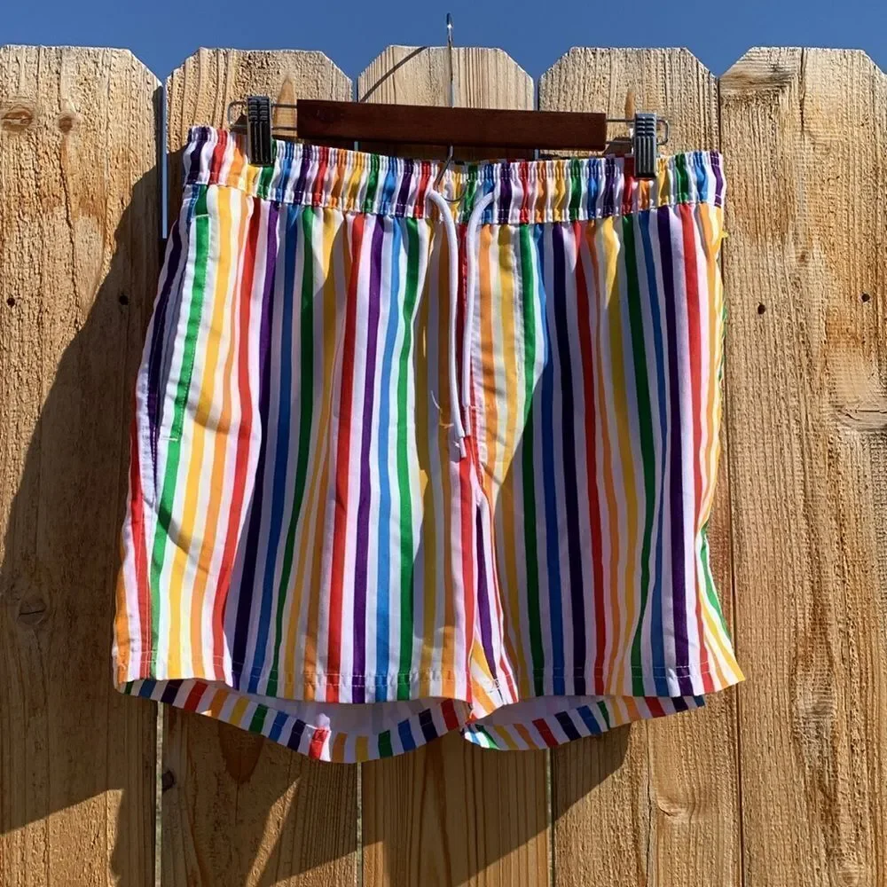 Take 50% OFF- Trinity Collective Rainbow Striped Unlined Swim Trunks, Size-M